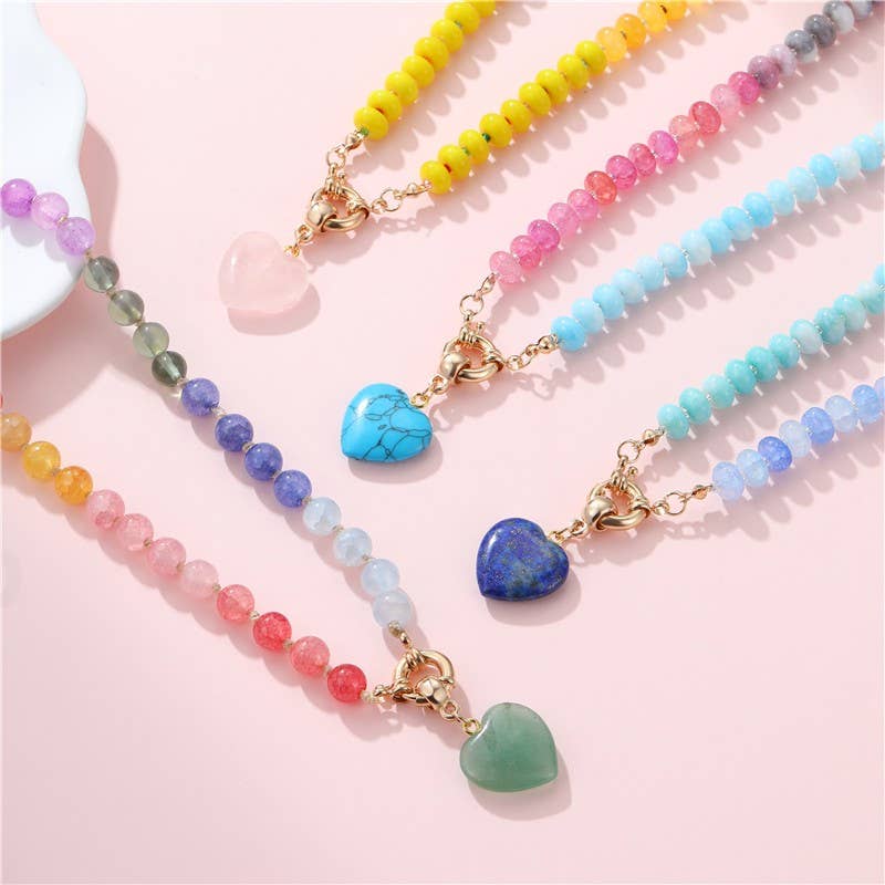 Natural Stone Semi-Precious Glass Mixed Necklace | PINK
