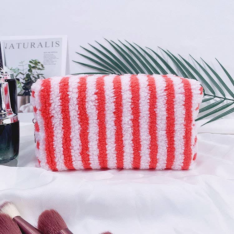 Plush Striped Sherpa Makeup Bag - Cozy Travel Pouch