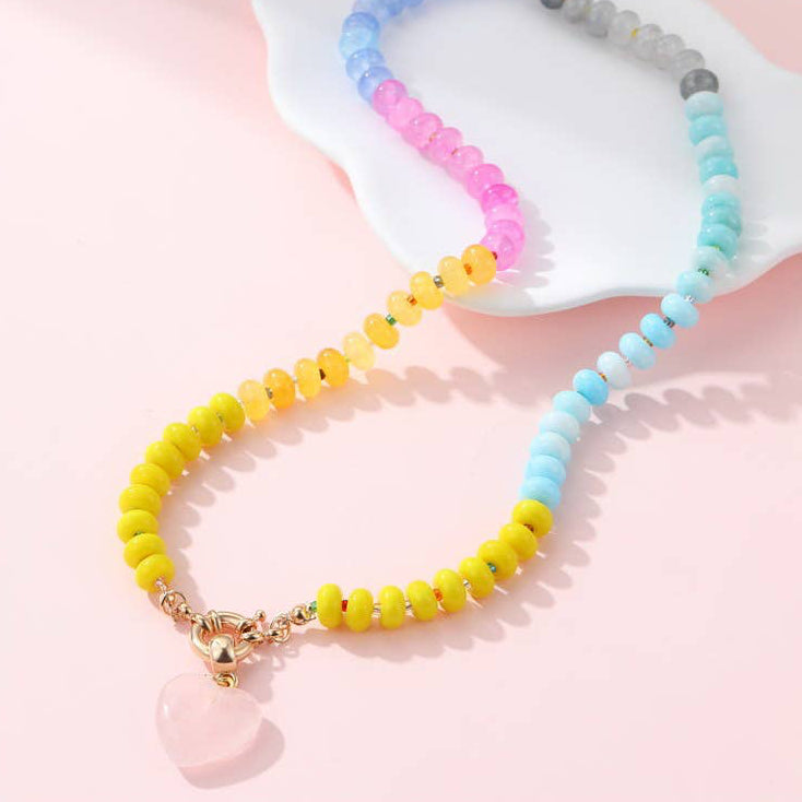 Natural Stone Semi-Precious Glass Mixed Necklace |ROSE QUARTZ