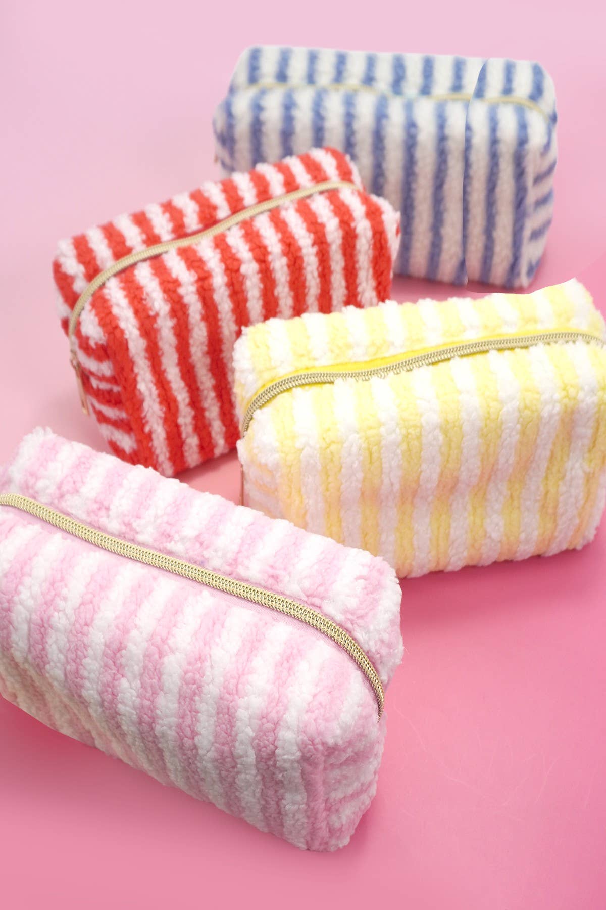 Plush Striped Sherpa Makeup Bag - Cozy Travel Pouch
