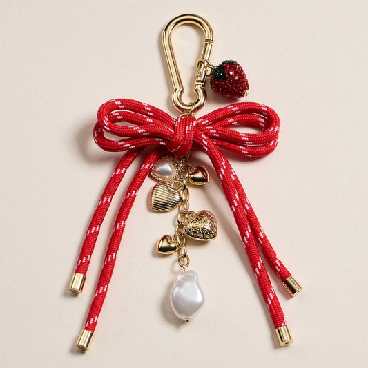 Strawberry Heart Charm Keychain & Bag Charm with Enamel Detailing and Bow Accent