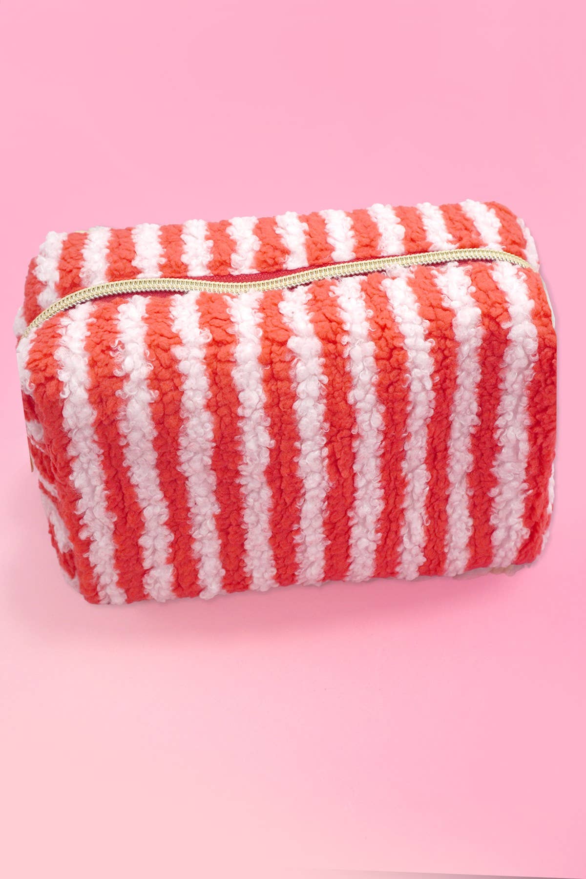 Plush Striped Sherpa Makeup Bag - Cozy Travel Pouch