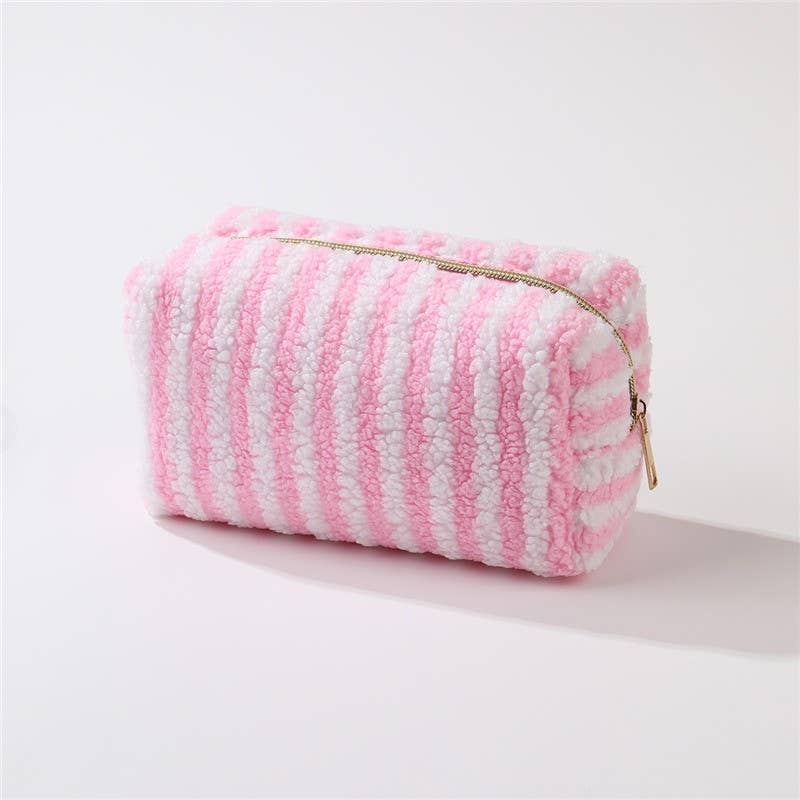 Plush Striped Sherpa Makeup Bag - Cozy Travel Pouch