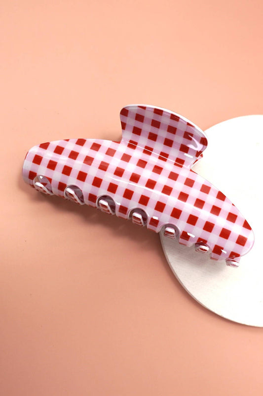 JUMBO STRIPE PLAID OVAL HAIR CLAW CLIPS - PLAID RED