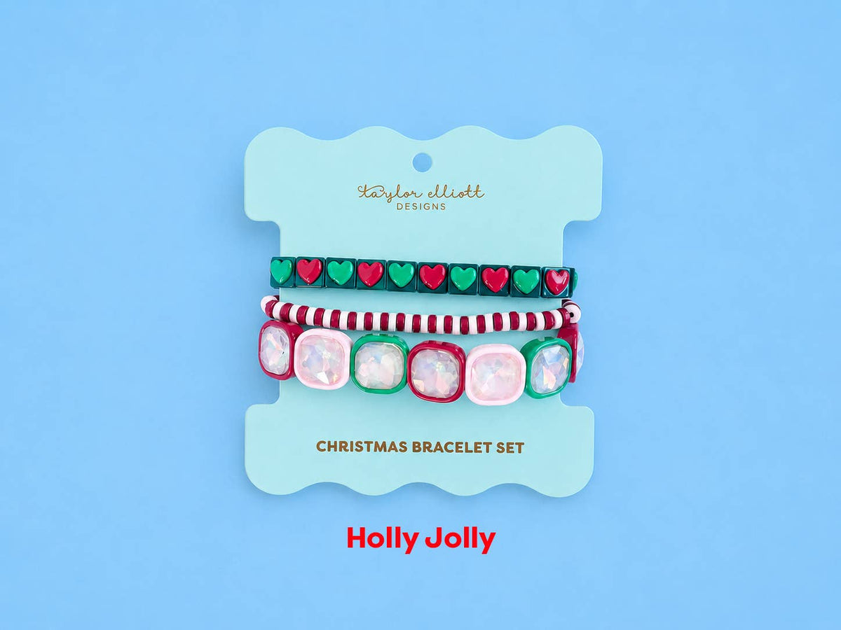 Enamel Stretch Bracelets - Holiday - 3 Pc Set - Asst Styles: Holly Jolly