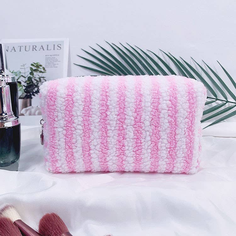Plush Striped Sherpa Makeup Bag - Cozy Travel Pouch