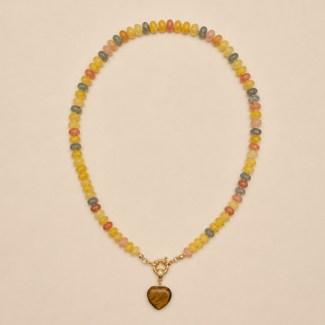 Natural Stone Semi-Precious Glass Necklace With Heart (5 Color Options)