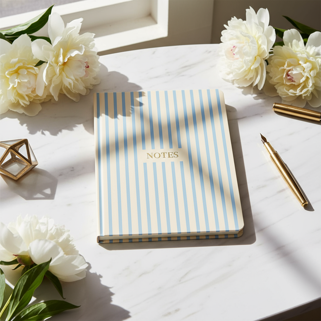 Cream & Blue Stripe Hardcover Journal Notebook 6x8
