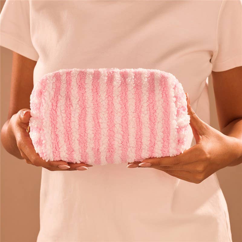 Plush Striped Sherpa Makeup Bag - Cozy Travel Pouch