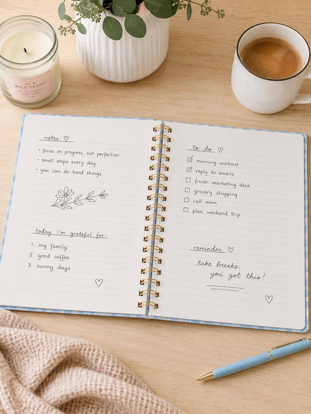 Blue Gingham Spiral Notebook, 8x10 Stationary Journal