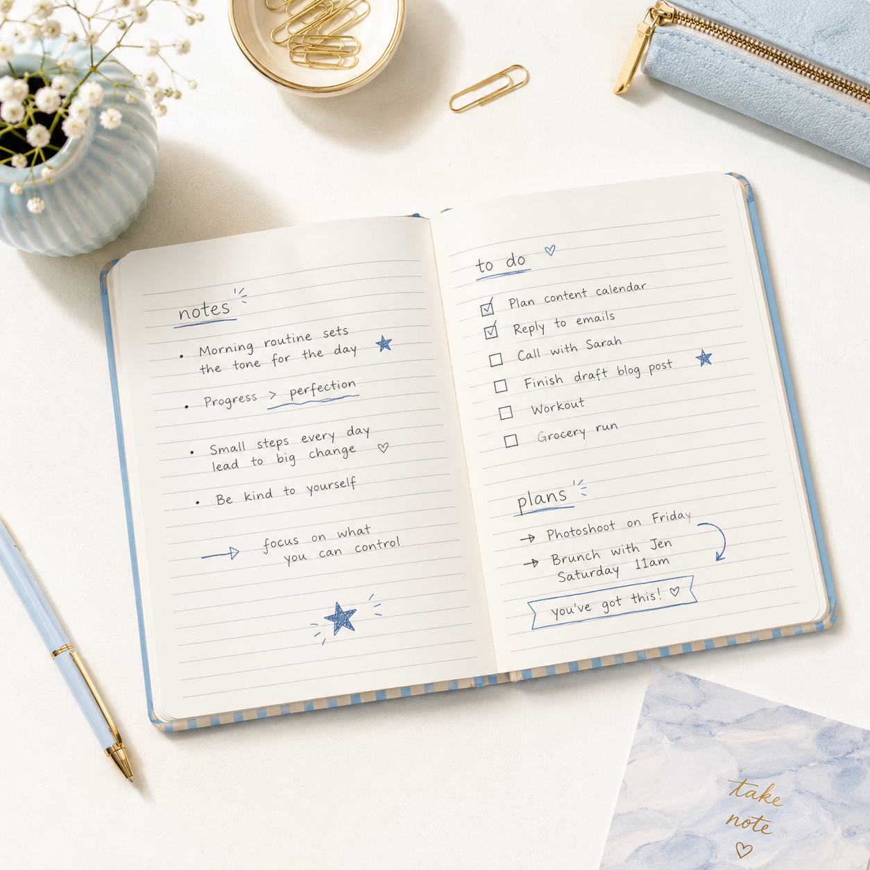 Cream & Blue Stripe Hardcover Journal Notebook 6x8