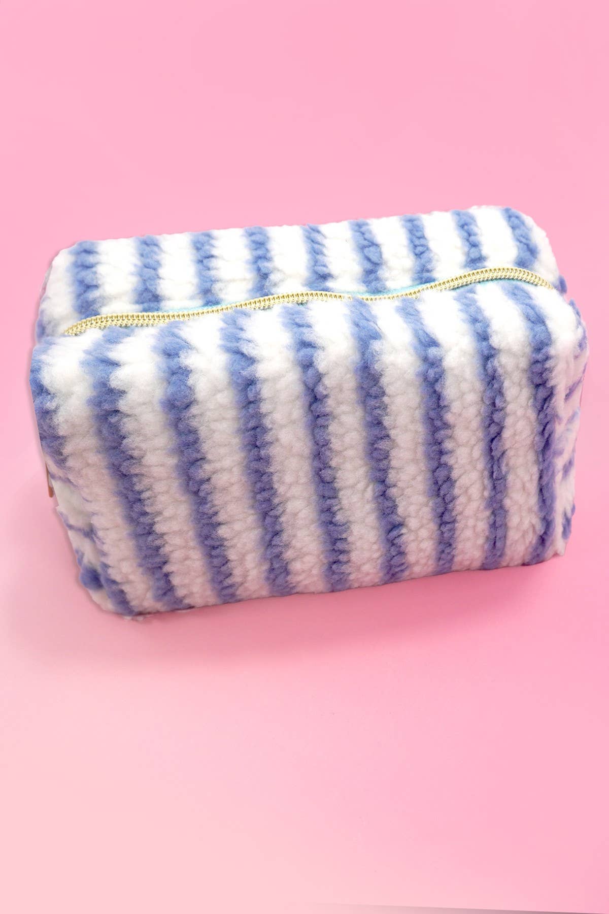 Plush Striped Sherpa Makeup Bag - Cozy Travel Pouch