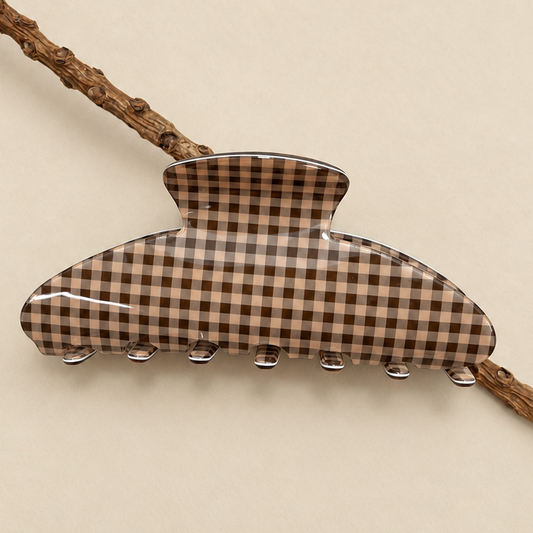 JUMBO STRIPE PLAID OVAL HAIR CLAW CLIPS - Brown Plaid