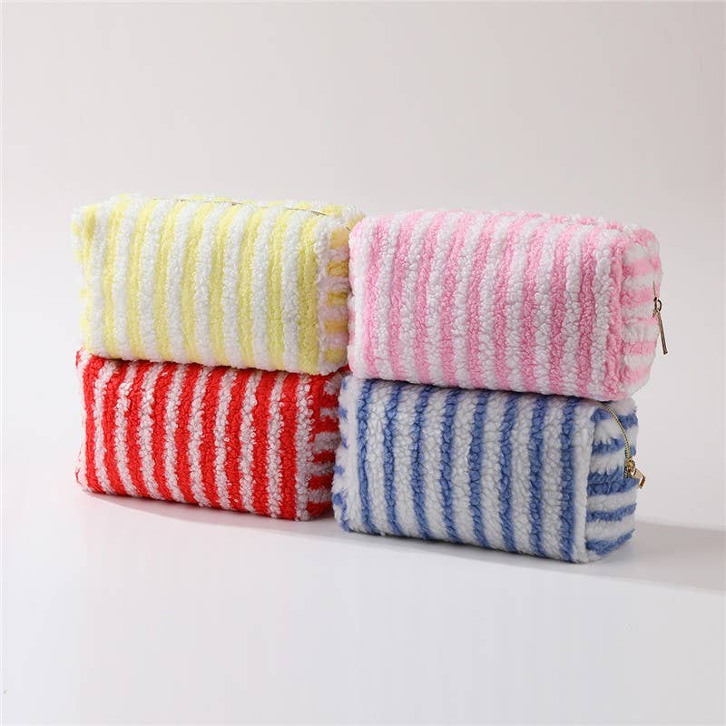 Plush Striped Sherpa Makeup Bag - Cozy Travel Pouch
