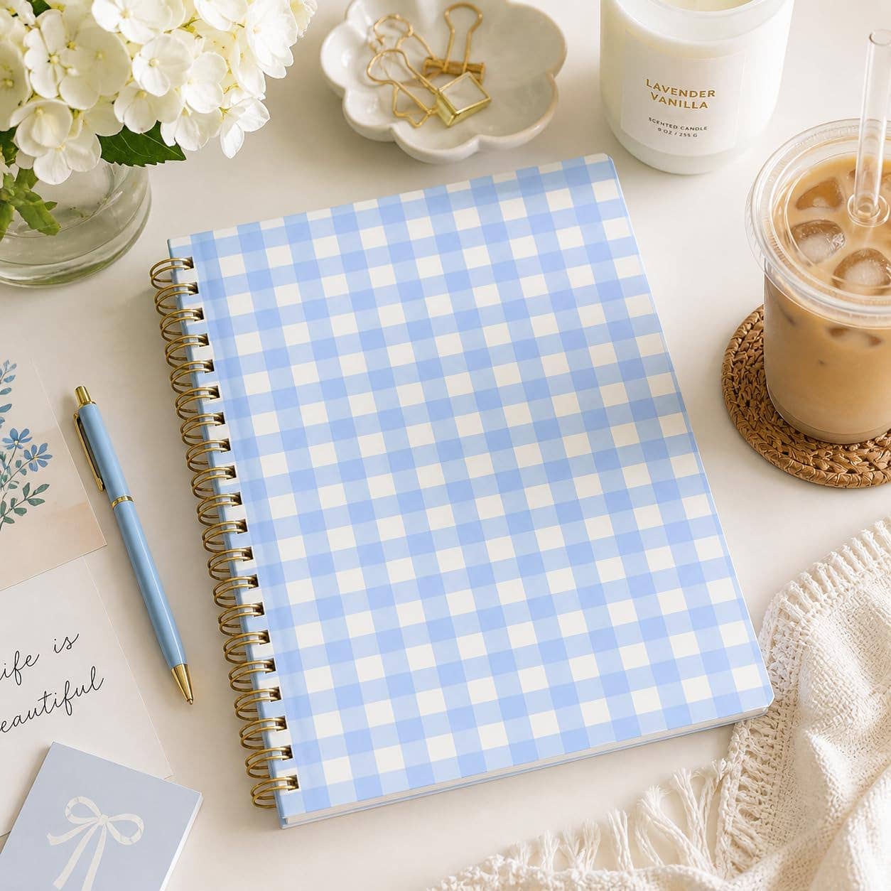 Blue Gingham Spiral Notebook, 8x10 Stationary Journal