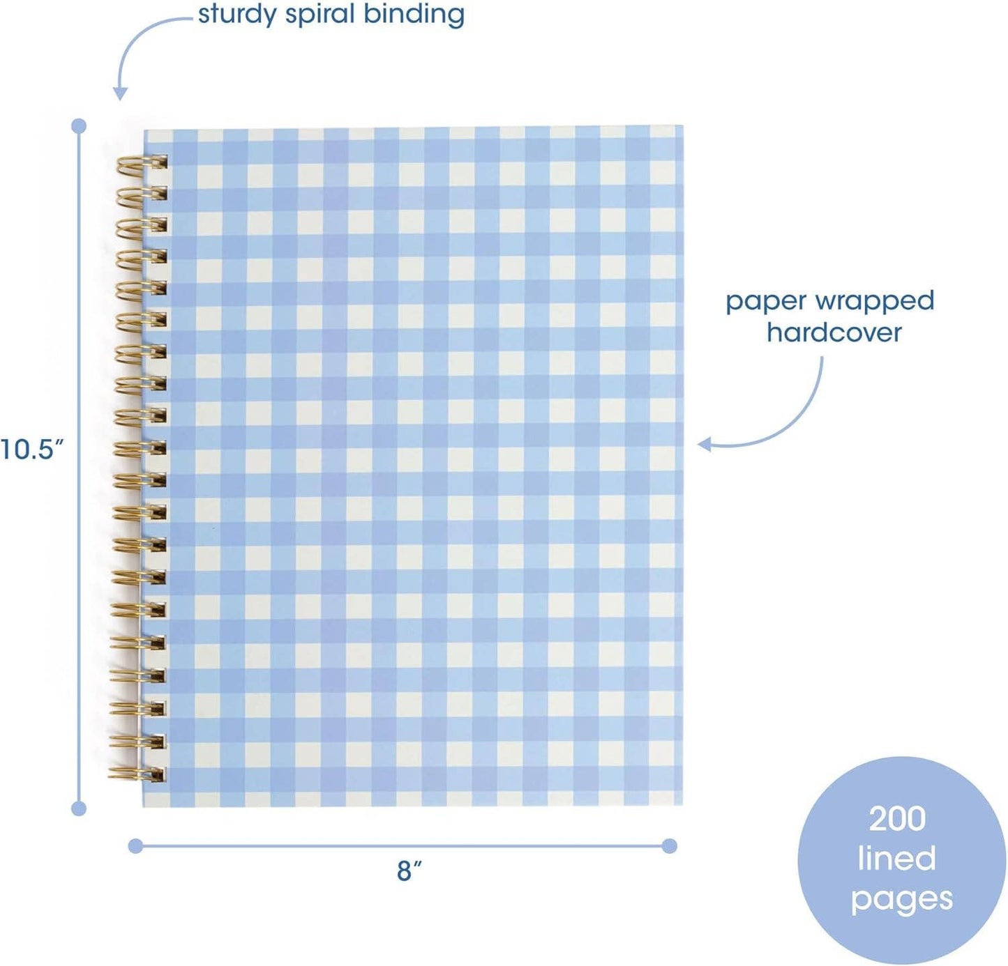 Blue Gingham Spiral Notebook, 8x10 Stationary Journal