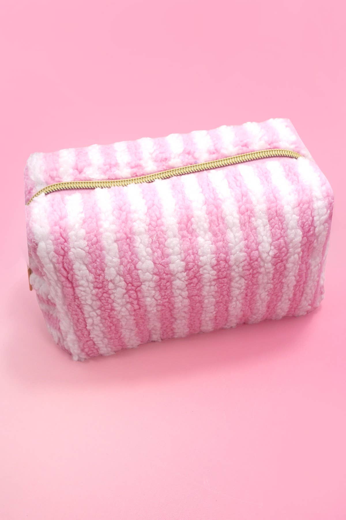 Plush Striped Sherpa Makeup Bag - Cozy Travel Pouch